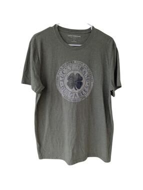 Lucky Brand Shirt Mens L Olive Green Graphic Clover Logo Retro Tee Slim Fit Fade